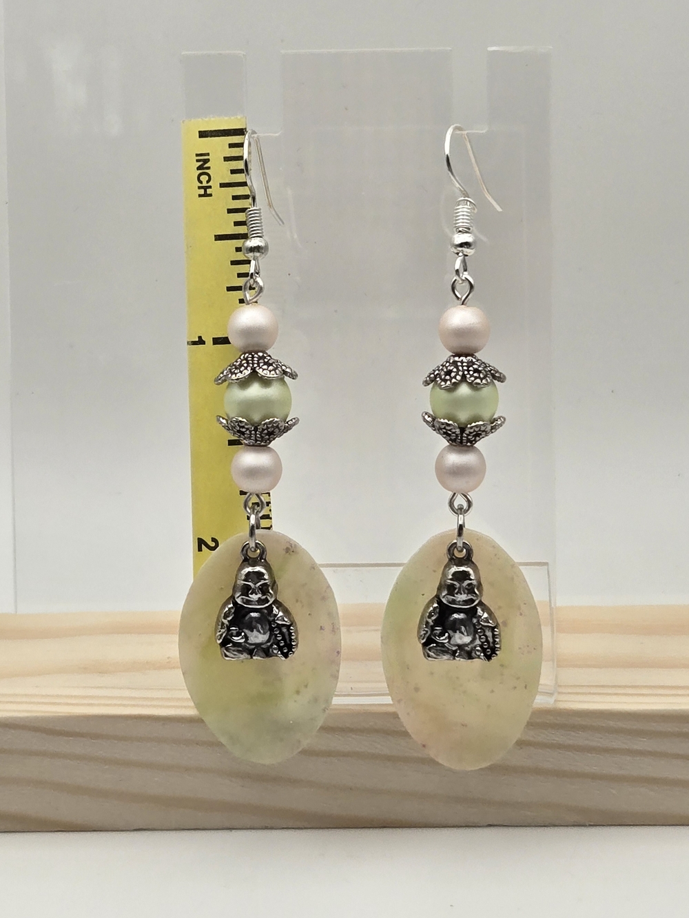 Unbranded Green Pearl Buddha Drop Earrings with Pale Pink Accents - Picture 2 of 4